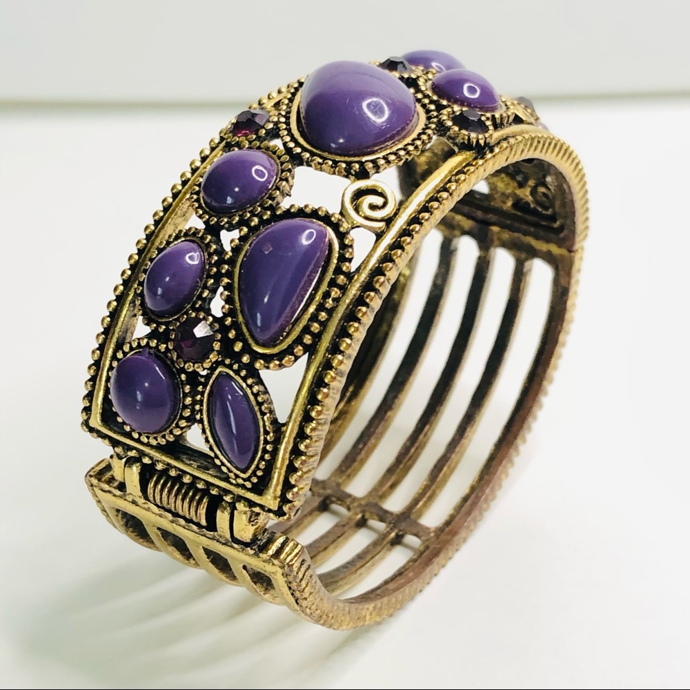 Antique Bronze Purple Rhinestones Hinged Filigree Bangle Bracelet